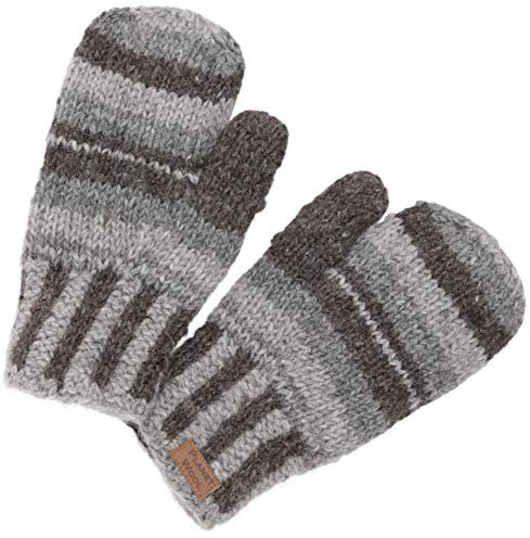 GURU SHOP Handgestrickte Fausthandschuhe, Gestreifte Wollhandschuhe, Handschuhe, Fauster aus Nepal, Herren/Damen, Grau/braun, Wolle, Size:One Size