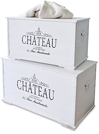 Loberon Truhe 2er Set Château, im Shabby-Look, nostalgischer Schriftzug, Zwei Größen, bietet viel Stauraum, Aufbewahrung, Tannenholz, antikweiß