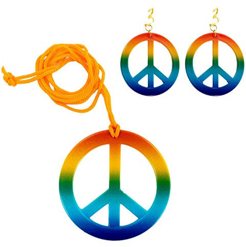 Oblique Unique® Hippie Peace Kette + Ohrringe 70er Jahre Flower Power Kostümaccessoire Set für Fasching Karneval Motto Party Feier