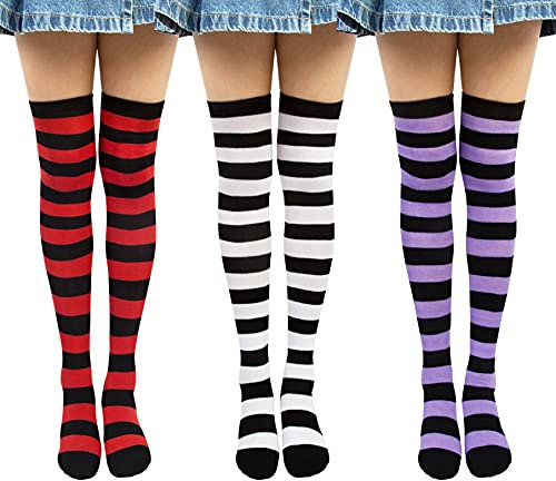 3 Paia Calze da Donna Sopra il Ginocchio Calzini da Ginocchio a Righe, Calzini Lunghi Calzettoni Cotone di Coscia Calze Stivali per Ragazze Donna Taglia unica Rosso Porpora Nero