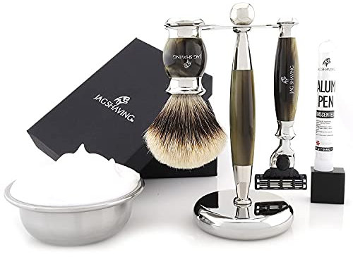 Jag Shaving Shaving Kit - 5 Piece Shaving Set - Jag's Lee Range - 3 Edge Shaving Blade Shaving Razor - Silvertip Badger Shaving Brush - Elegant Shaving Stand - Green Horn Imitation