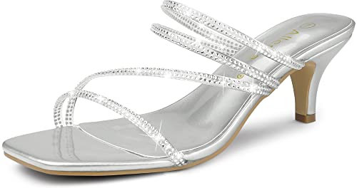 Allegra K Women's Rhinestone Strappy Kitten Heels Slide Sandals Silver 5 UK/Label Size 7 US