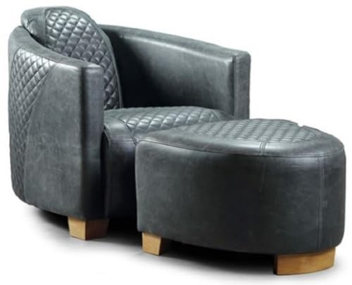 Casa Padrino Luxus Leder Sessel mit Fußhocker Vintage Blau/Hellbraun - Echtleder Wohnzimmer Sessel mit Echtleder Hocker - Wohnzimmer Möbel - Echtleder Möbel