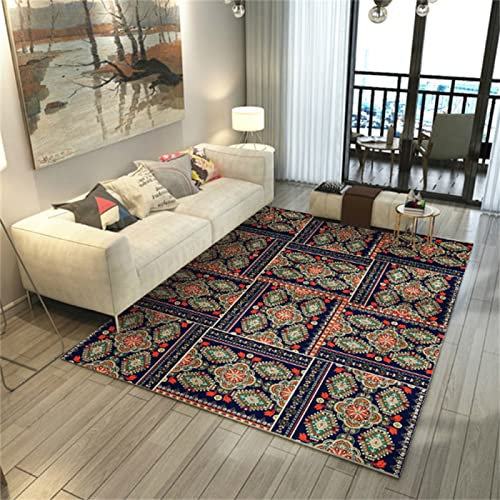 Babyzimmer Teppich Kinderzimmerteppich Rot Blau Retro Ethnisch Modern Wohnzimmer Bürobereich Sicher rutschfest Maschinenwaschbar Teppich Mädchen 120X160cm