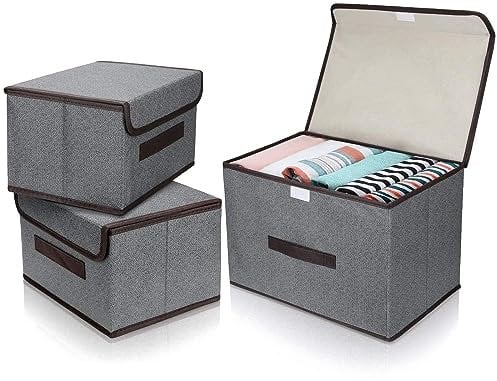 QINGHEC 3 Pcs Fabric Foldable Storage Boxes With Lids - 2 Sizes, Canvas Bins for Toys, Books, Bedroom, Living Room - Grey Collapsible Organizers