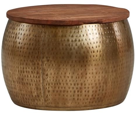 Wohnling Couchtisch Rund 60x60x40 cm Mango Massivholz Metall Gold | Wohnzimmertisch mit abnehmbarer Platte und Stauraum, Loungetisch massiv, handgefertigtes Unikat, Sofatisch