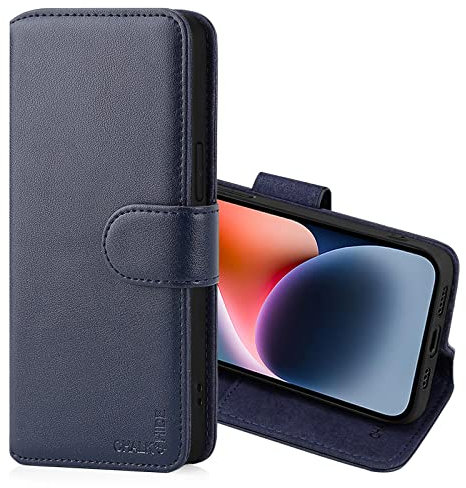 CHALK & HIDE - Real Leather Book Wallet Flip Case Cover For Apple iPhone 14 (6.1), Real Leather Design With Card Slot, Magnetic Closure and Built In Stand - Navy Blue