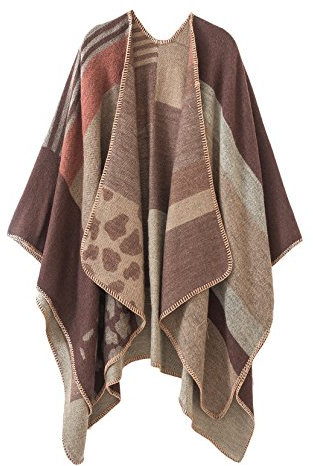 EXCHIC Damen Vintage Farbblocking Schal Wrap Open Front Poncho Übergroße Winterdecke Elegant Cape Coat (Kaffee-2, One Size)