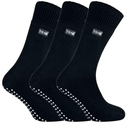 THMO 3 Pairs Mens Fleece Lined Slipper Socks Breathable Crew Indoor Socks with Grippers
