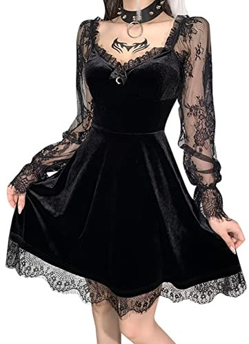 FEOYA Women's Lace Gothic Trumpet Long Sleeve Steampunk Dress - V Neck Retro Victorian Medieval Ruffle Midi Punk Elegant Vintage Cosplay Halloween Short Goth Black L