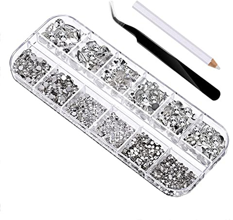 2000 Stück Flache Rückseite Gems Runder Kristall Strasssteine 6 Größen 1,5-6 mm mit Pick Up Pinzette und Strass Picking Stift für Handwerk Nagel Kleidung Schuhe (Weiß)