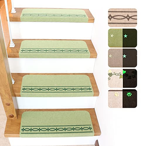 FuKuEn Teppich Stufenmatten Ohne Kleben mit Vakuum-Tech-Greifern Antirutsch Treppenstufen Matten für Holzstufen Fliesenstufen Waschbar Stufenmatten Grün 7 Stück 55 x 21 cm mit 4 cm Blending