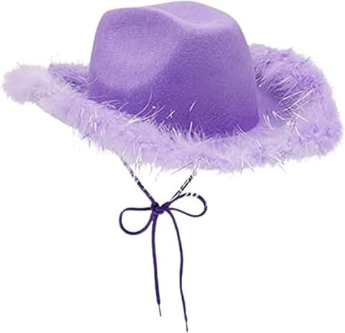 Aunaeyw Cowboyhut für Damen, Cowboyhut, flauschige Federkrempe, Cowboyhut für Saumparty, Urlaub, Kostümparty, Spielen, Halloween, Cosplay, purple01, Einheitsgröße