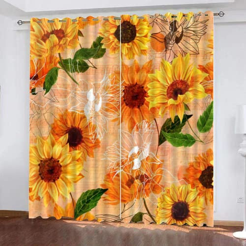 HABEAT 3D Sonnenblume Vorhänge Abdunkelnde mit ösen 2 Stücks Gardinen Blickdicht Verdunkelungs Retro Blumen Kälteschutz Scheibengardinen für Junge Mädchen Schlafzimmer B 280 X H 260 cm