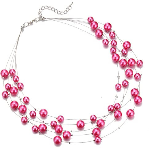 FULU AUTUMN Boho Perlenkette Damen Silber Statement Kette Mehrreihige Modeschmuck Geburtstagsgeschenk für Frauen(Hot pink)