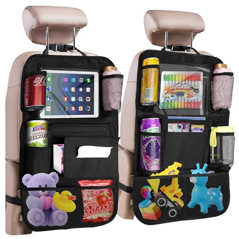 Car Organisers Sitz Organizer Auto Kinder 2er Wasserdichter Rückenlehnenschutz Auto mit 18 Aufbewahrung Taschen und Müllsack Rücksitzschoner mit 11 Zoll Ipad/Tablet-Tasche Kinderspielzeug-Aufbewahrung