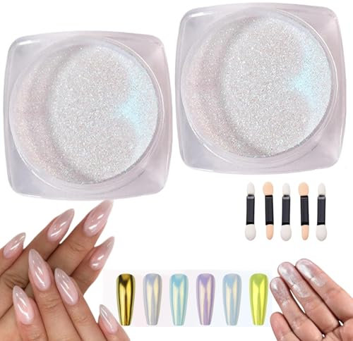 Polvo de Cromo Blanco,2PCS Polvo de Uñas Efecto Perla,Polvo Brillo Uñas Concha,Polvo Uñas Cromo Perlas Blancas,Polvo de Uñas Cromo de Aurora Ice Shimmer,Efecto Espejo Mágico Para Decoración Uñas