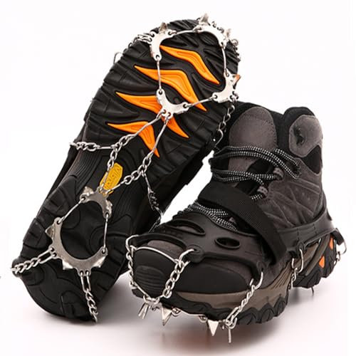 Gilozny Eisklampen, Spikes, Steigeisen, Schnee-Griffe für Stiefel, Schuhe, Damen, Herren, Kinder, rutschfeste Edelstahl-Schuhspikes zum Wandern, Angeln, Wandern, Klettern, Eisbergsteigen (Schwarz, M)