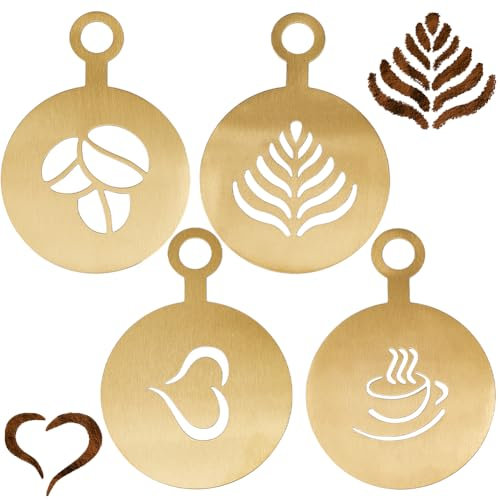 GORGECRAFT 4Stk Kaffeetassen-Schablonen-Vorlage Kaffee-Dekorationsschablonen Goldener Kaffee Latte-Art-Form Flach Rund Mit Blatt-Herz-Tassenmuster Cappuccino-Kunst-Vorlagen Für Tassen Kuchen