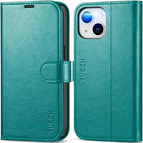 TUCCH Case for iPhone 14 (6.1) 2022, Magnetic PU Leather Wallet Foldable Case with [Viewing Stand]Flip Folio Cover[Shockproof TPU][RFID Blocking][Credit Card Holders]Compatible with iPhone 14, Cyan