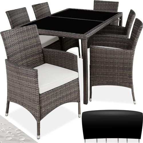 tectake Polyrattan Sitzgruppe für 6 Personen, Balkon Möbel, Gartenmöbel Set mit Tisch und 6 Stühlen, Essgruppe für Garten Terrasse und Balkon, inkl. Sitzkissen und Schutzhülle - grau/weiß