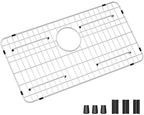 Rejilla de fregadero de acero inoxidable y protectores para la parte inferior del fregadero de cocina, 26 x 14 pulgadas con drenaje trasero para fregadero individual, protectores de fregadero para