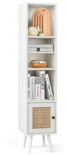 COSTWAY Slim Cube Bookcase, Freestanding Bookshelf Storage Cabinet with 12-Position Adjustable Shelf and Rattan Door, Solid Wood Legs Display Cupboard Organizer Unit for Living Room Office (White)