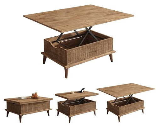 BERA DESIGN Extendable Dining Table 6-8 Seater, Lift Top Coffee Table, Extendable & Foldable Coffee Table Converts to Dining Table - 90x60x45cm with 3 Variable Height Level