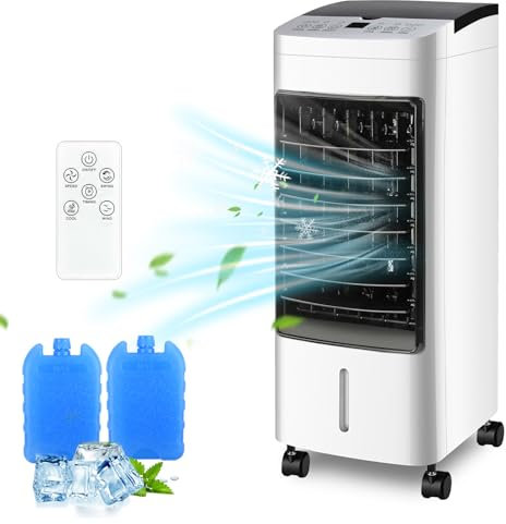 M MUNCASO 65W Evaporative Air Cooler Portable Aircon - 5L Tank 2 Ice Pack, 3D Airflow with 3 Modes & Speeds, LED Touchscreen 12H Timer, Remote Control Air Conditioner Cooler Fan for Home Office Room