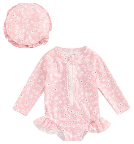 HodJIU Maillot de Bain Bébé Fille 1 Pièce Combinaison Anti UV à Manches Longues Costume de Bain Piscine Natation + Chapeau de Soleil (Rose Fleurs, 18-24 Mois)
