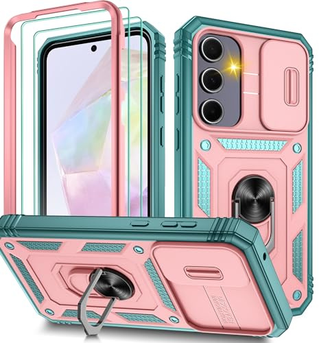 Pilaru 3 in 1 for Samsung A55 5G Phone case | With Front Frame | [Separate] 2 Screen Protector & Kickstand Ring & Camera Cover Military Grade Drop Shockproof Protection for Galaxy A55,Pink/Green