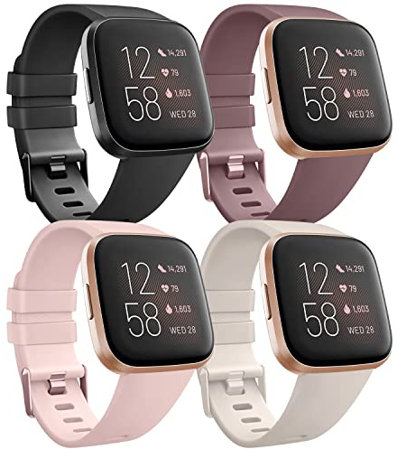 Mugust 4PACK Correas para Fitbit Versa 2 Mujer Hombre,Correas Silicona Pulseras de Repuesto para Fitbit Versa/Versa 2/Versa Lite/Versa SE(S,Negro/Starlight/Rosa/Humo morado)