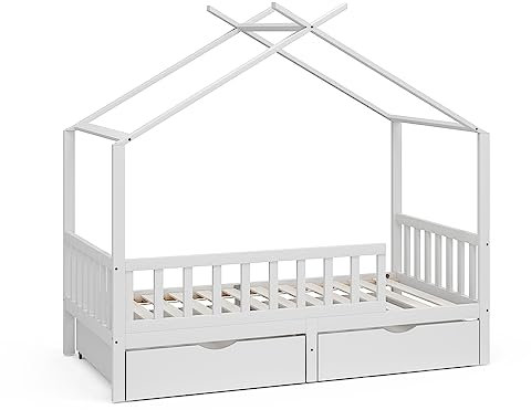VitaliSpa Hausbett 80x160 cm Franka mit 2 Schubladen - Weiß 166x154x86 cm gefertigt aus Bambus - Kinderbett ideal fürs Kinderzimmer, mit Rausfallschutz für Sicherheit in jeder Nacht