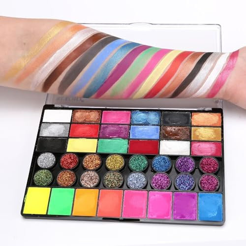 KARLOR 42 Farben Gesichtfarbe Palette mit Pinsel, 18 matte Gesichtfarbe+16 Glitzer Farben+ 8 UV Neon Gesichtfarbe, Face Paint Bodypainting Gesicht Schminkfarbe Theaterschminke wasserlöslich