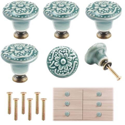 Taoduod 6PC Green Ceramic Drawer Knobs 35x30mm Green Ceramic Vintage Cabinet Knobs Embossed Furniture Handle Green Kitchen Wardrobe Knobs Pulls Vintage Flower Cabinet Knob with Screws