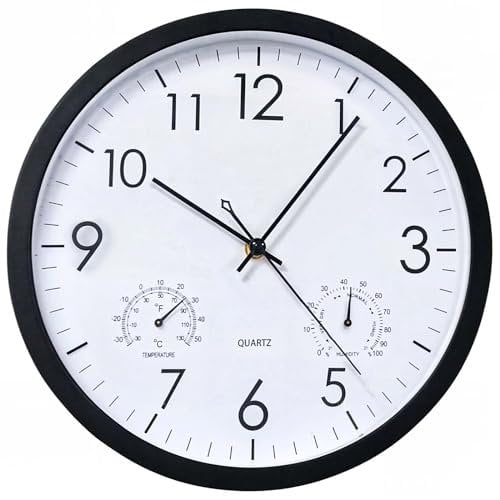 Chedin Orologio da parete rotondo al quarzo, senza ticchettio, resistente alle intemperie, con termometro e igrometro, orologio da parete per bambini, camera da letto, orologio da parete grande (nero,
