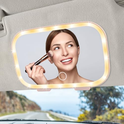 KutaKuta Car Vanity Mirror with LED Lights, Car Sun Visor Cosmetic With 3 Light Modes Dimmable Touch Control Makeup Mirror Rechargeable Cosmetic Mirror for Car Sun Visor for Women (Pink)