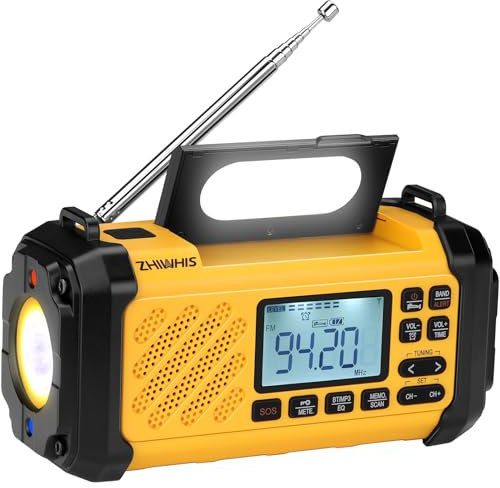 ZHIWHIS Radio de emergencia con Bluetooth, 10000 mAh FM/AM/SW/VHF/NOAA radios meteorológicas con alertas, manivela de mano/solar/SOS/linterna/6 ecualizador/temporizador/reproductor USB con preajuste