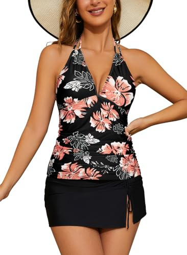 SHEKINI Costume da bagno da donna, in stile tankini, con controllo addominale, top e gonna, costume a 2 pezzi