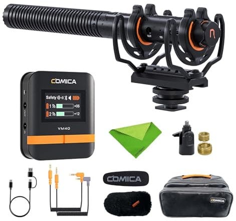 COMICA VM40 Microfono Shotgun Wireless, Diagramma Polare Super Cardioide 2.4G, Registrazione Float 48kHz/32-bit, Doppia Modalità Cablata/Wireless, Archiviazione di Registrazione Integrata 32G