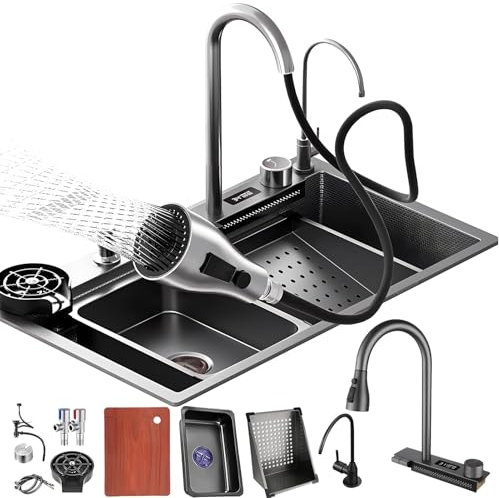 DSMRLEOP Fregadero de cascada de acero inoxidable negro multifunción con pantalla digital de cocina – 80x50cm Fregadero individual con grifo extraíble, sifón