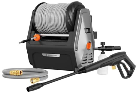 Giraffe Tools Hochdruckreiniger Big Pump 2 in 1, 1800 Watt, Max 2400 PSI, 2.0 GPM Elektrischer Wasserdruckreiniger für die Wandmontage, mit 30M Einziehbarem Schlauch, Grauer weicher Schlauch