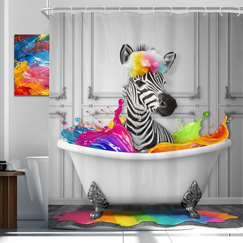 Newsely Rideau de douche amusant zèbre 152,4 x 183 cm (l x H) - Noir et blanc - Animal se baignant dans la baignoire - Rideau de douche coloré hilarant - Ensemble de salle de bain mignon et moderne -