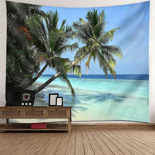 Wandteppich Strand Groß, 240x220cm Palme Meer Strand Landschaft Wandbehang Wandteppich für Meditation Schlafzimmer Wohnzimmer Schlafsaal | Blau Grün