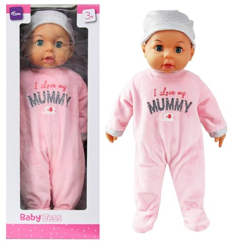 45cm Baby Doll with Hat & Cute Baby Grow - Large Baby Boy or Girl Nurturing Care Doll with Poseable Limbs for Cuddling & Imaginative Play - Kids Christmas or Birthday Gift - Pink or Blue (Pink)