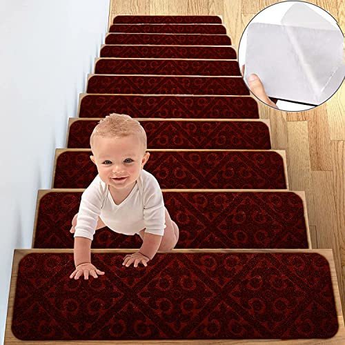 Rutschfeste Stufenmatten Set, 31-teilig, Hochflor, umweltfreundlich, langlebig, Weinrot, ideal für passende Läufer
