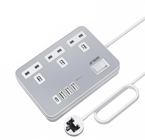 SEBLIP 1m White Extension Lead with USB Sockets, Modern Indoor Extension Cord with Power Switch, 3 Sockets and 4 USB Ports (Silvery White, 100cm/39inch)