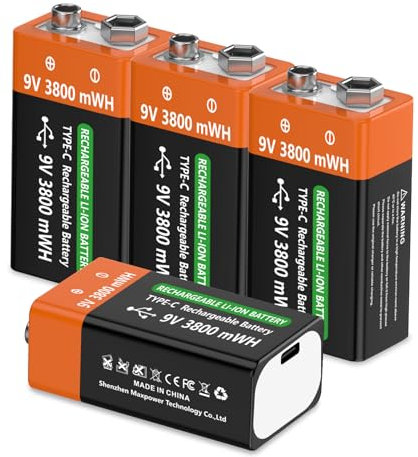 9V Rechargeable Lithium Batteries, 3800mWH with 2-in-1 USB C Charging Cable, high Capacity 6F22 Batteries for Smoke Alarms, Metal detectors, Microphones More(4 Pack )