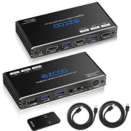 USB 3.0 HDMI KVM Switch 2 Ports mit Hotkey 4K 60Hz Gemeinsame Nutzung von 2 Computern mit einer Tastatur Maus HDR D-olby Vision HDCP2.2 Fernbedienung Kabellose Tastatur USB3.0-Kabelx2