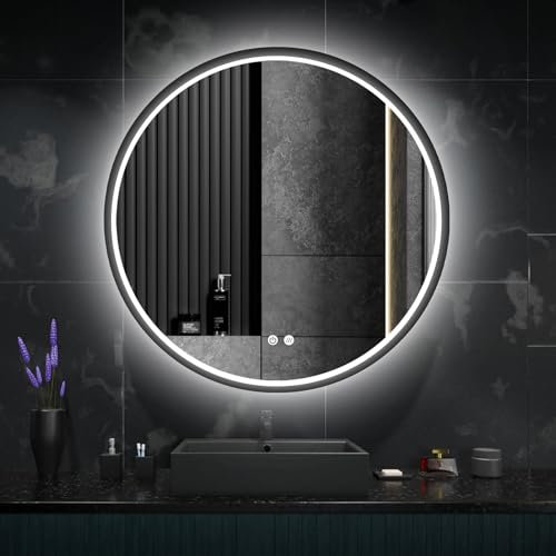 ApeJoy Schwarz Rahmen Badspiegel mit Beleuchtung Rund 60cm, Badzimmerspiegel mit ANTIBESCHLAG und Touch-Schalter, Licht Wechsel 2700-6500K Memory Funktion [Energieklasse F]